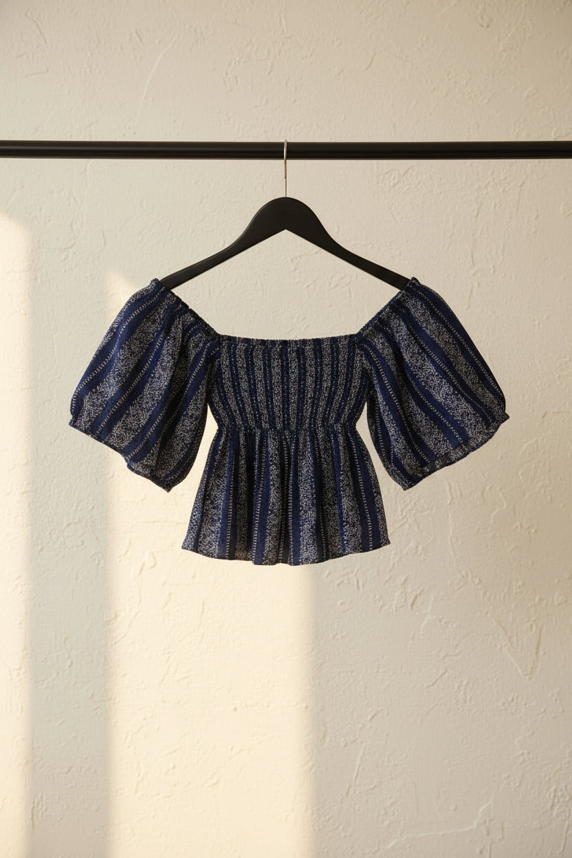 Angie Women's Blue Floral Smocked Off-Shoulder Bell Sleeve Rayon Top