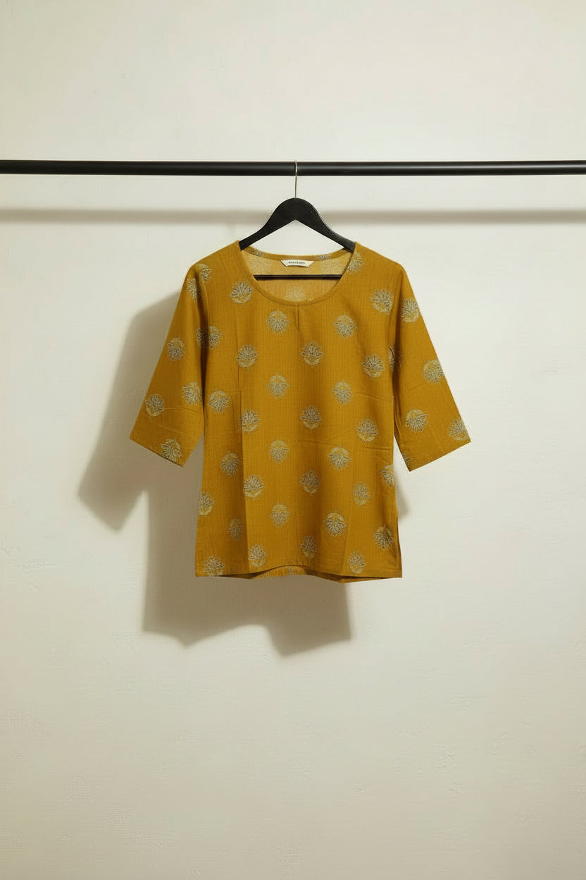 Mustard Yellow Printed Cotton Kurta