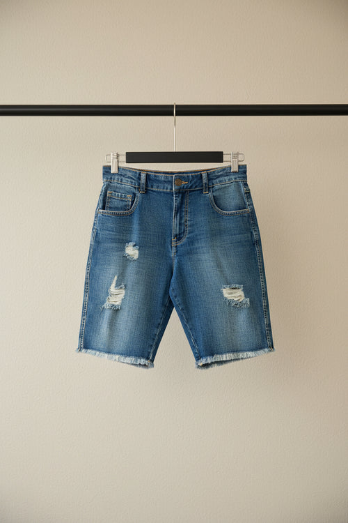 Light blue distressed denim shorts with frayed hems and ripped details, hanging on a wooden hanger against a red background.
