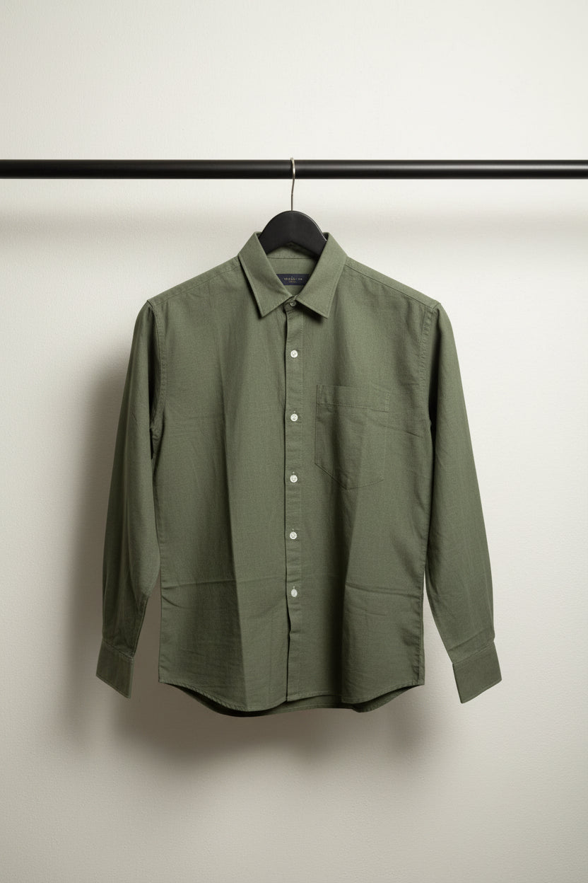 H&M Men's Olive Green Linen Blend Long Sleeve Casual Shirt