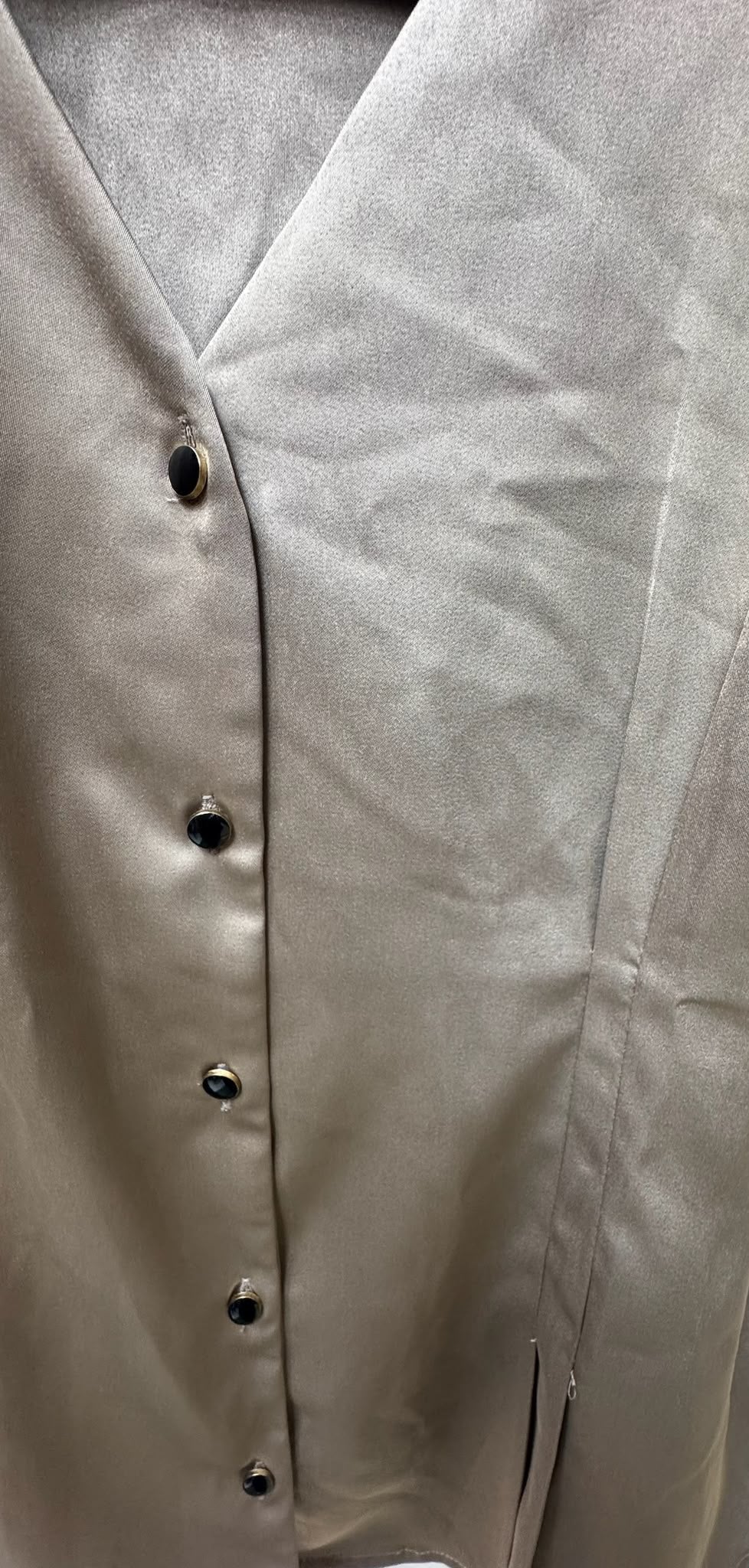 Women's Brown Satin V-Neck Puff Sleeve Blouse