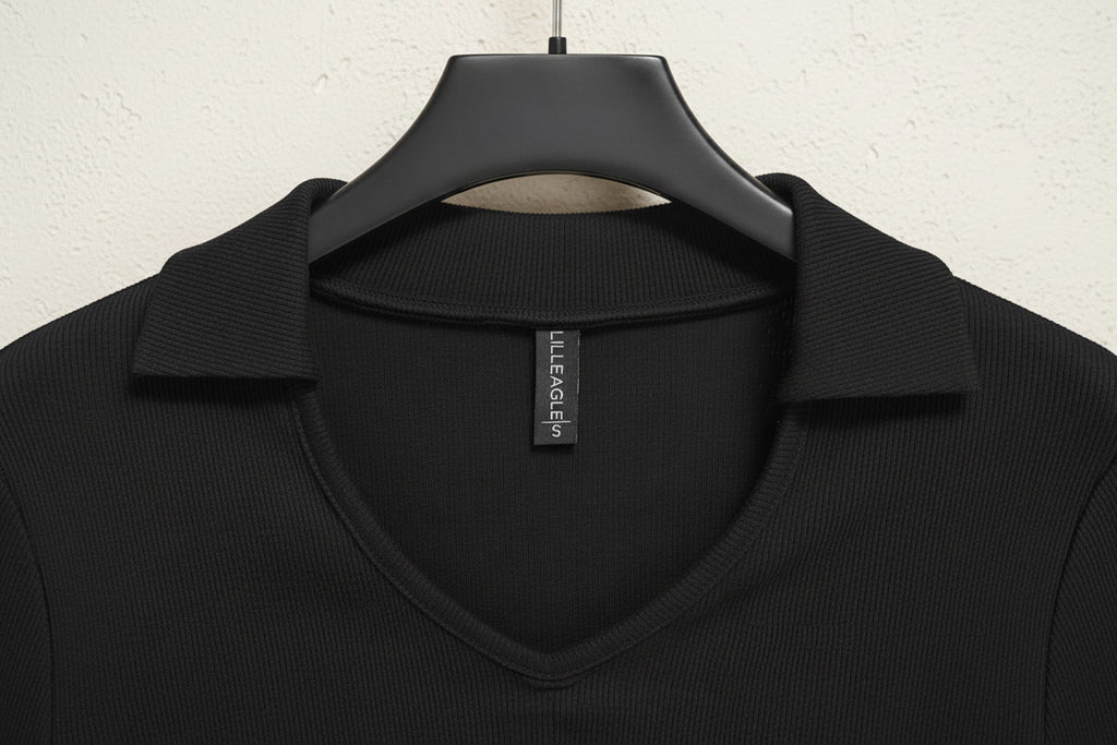 LILLEAGLE Women's Black Ribbed Long Sleeve Collared Crop Top