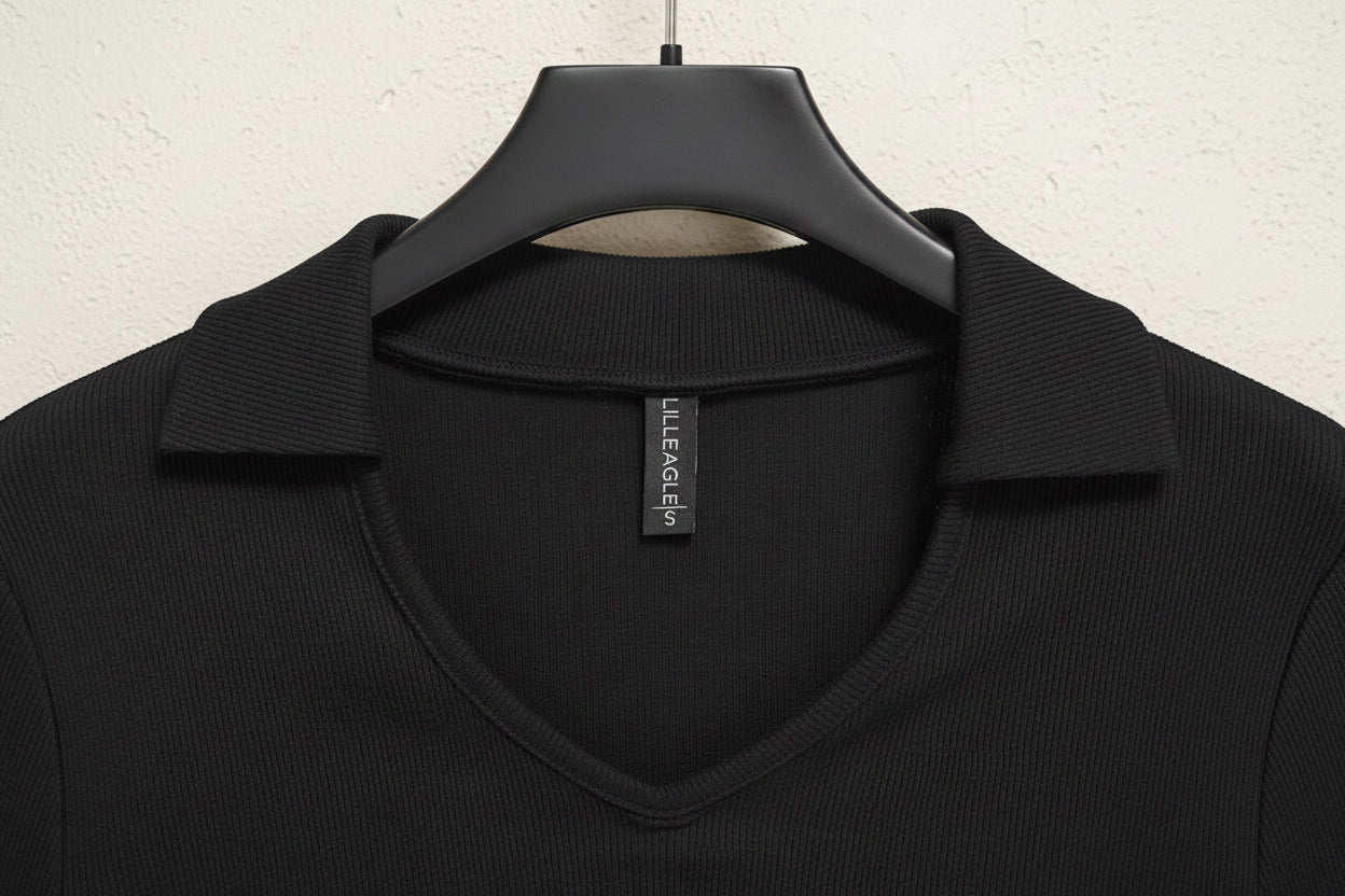 LILLEAGLE Women's Black Ribbed Long Sleeve Collared Crop Top