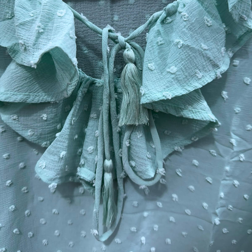 Women's Mint Green Ruffled Polka Dot Blouse with Tassel Tie-Neck