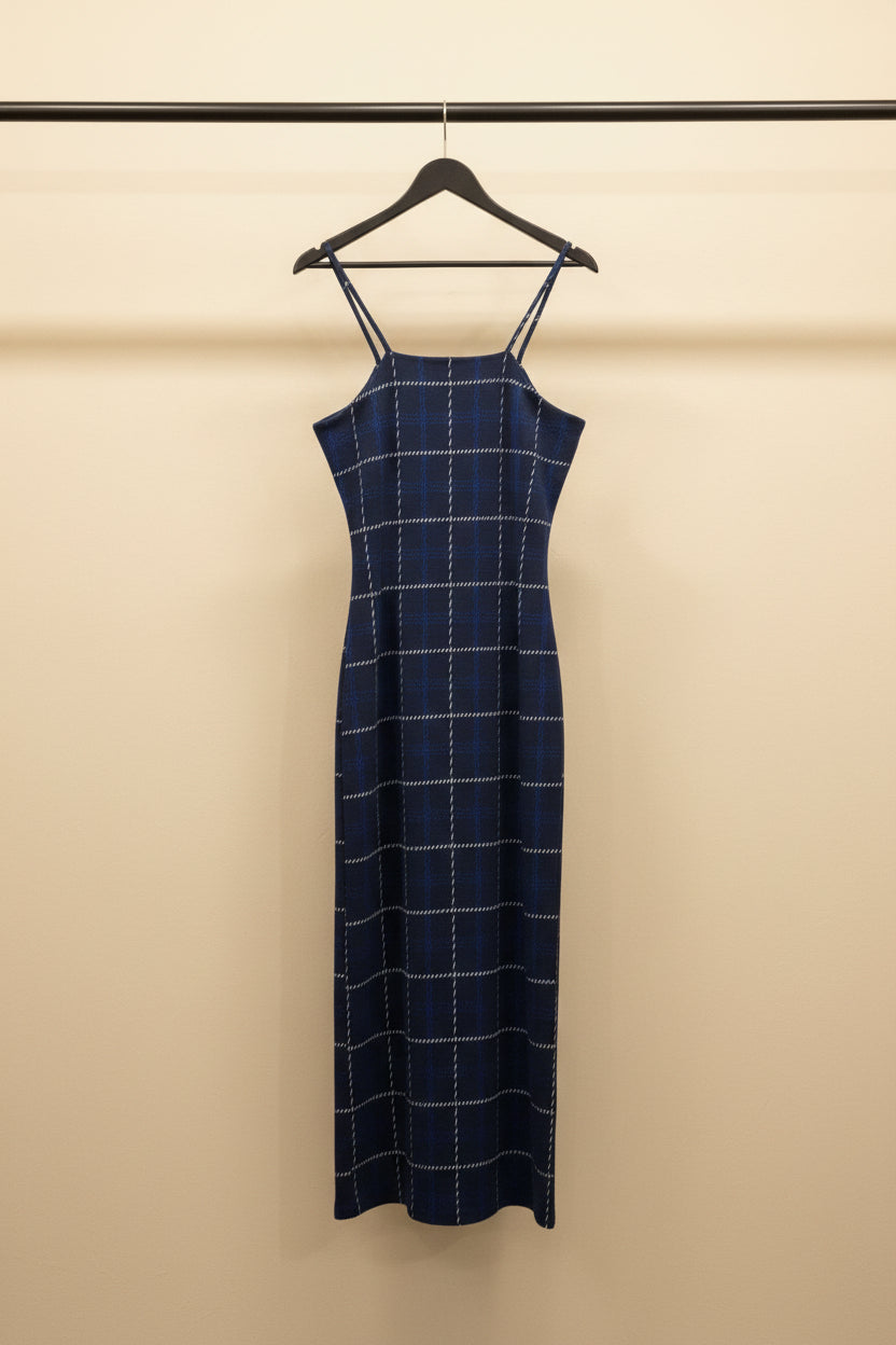 Women's Navy Blue Plaid Bodycon Midi Cami Dress