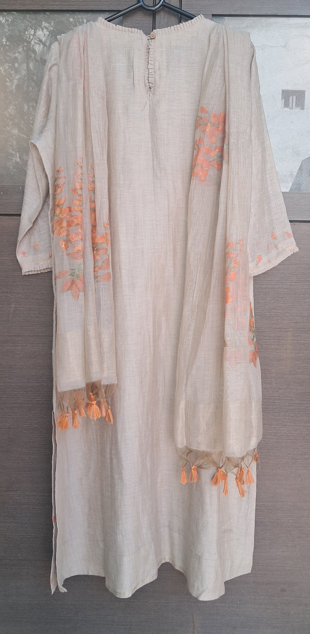 Elegant Beige Linen Blend Kurta with Orange Floral Embroidery and Matching Dupatta