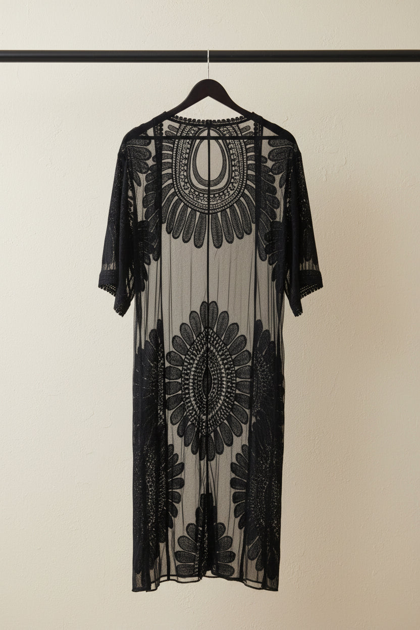 Black Lace Crochet Kimono Cardigan Cover-Up