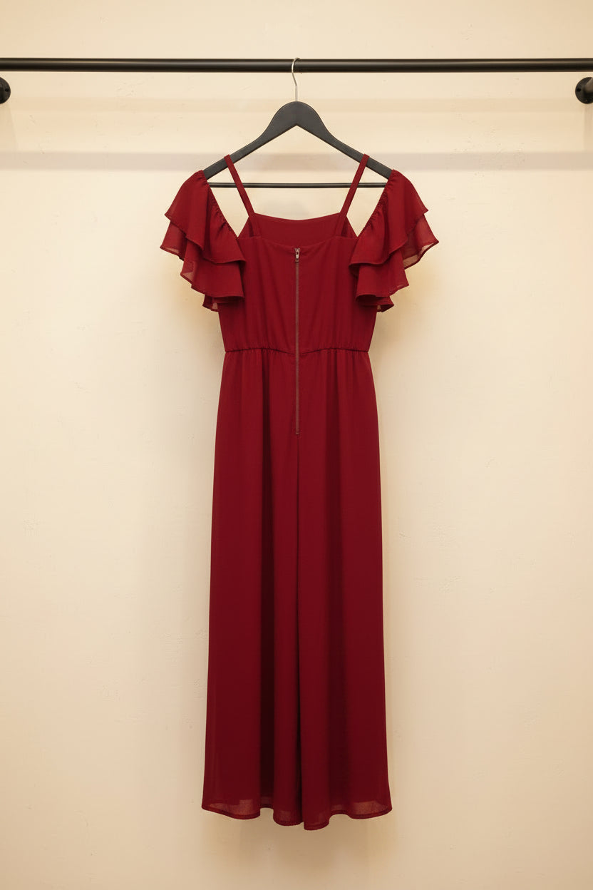 Red Ruffled Cold Shoulder Midi Dress