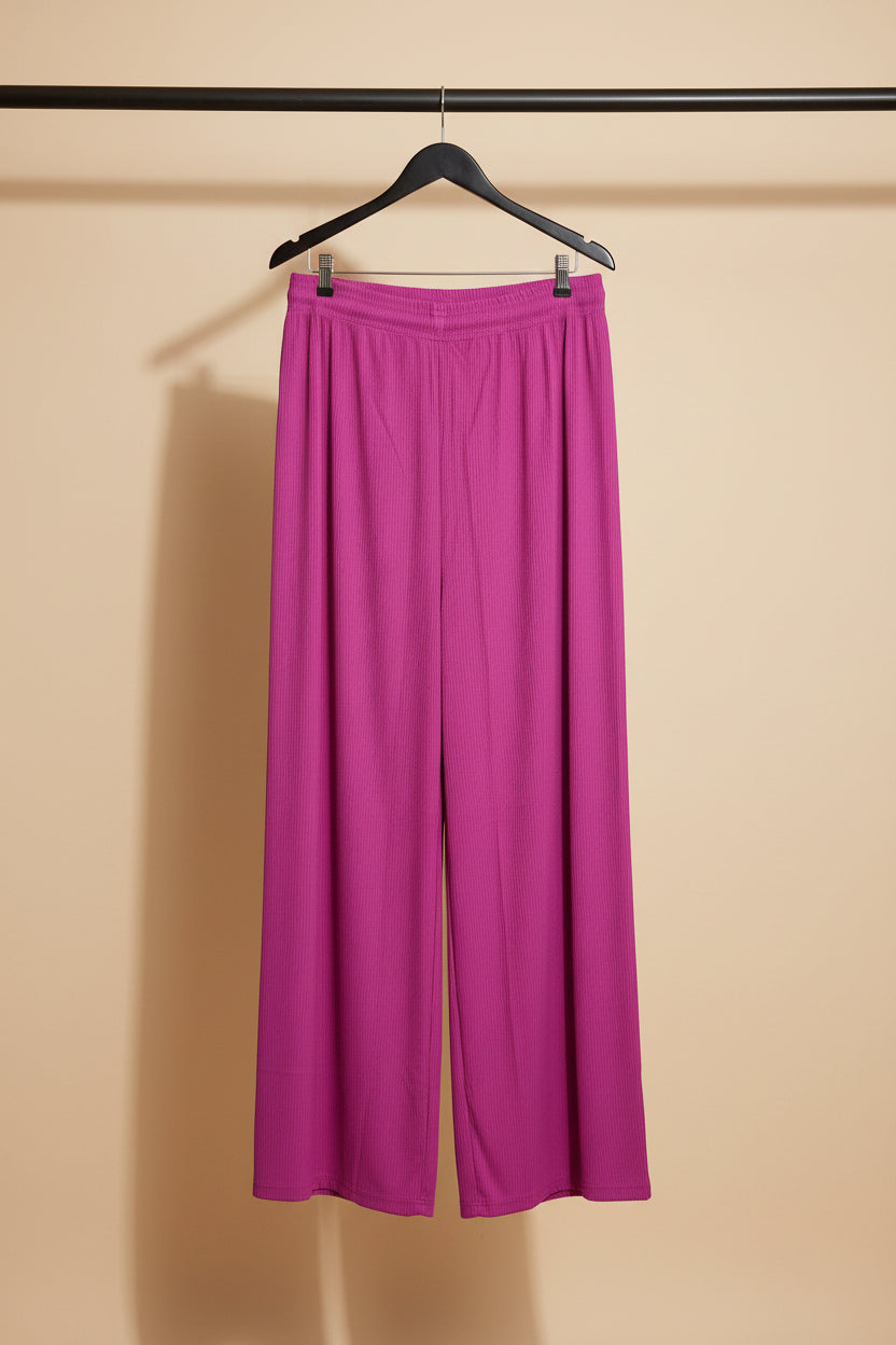 Magenta Ribbed Elastic Waist Palazzo Trousers
