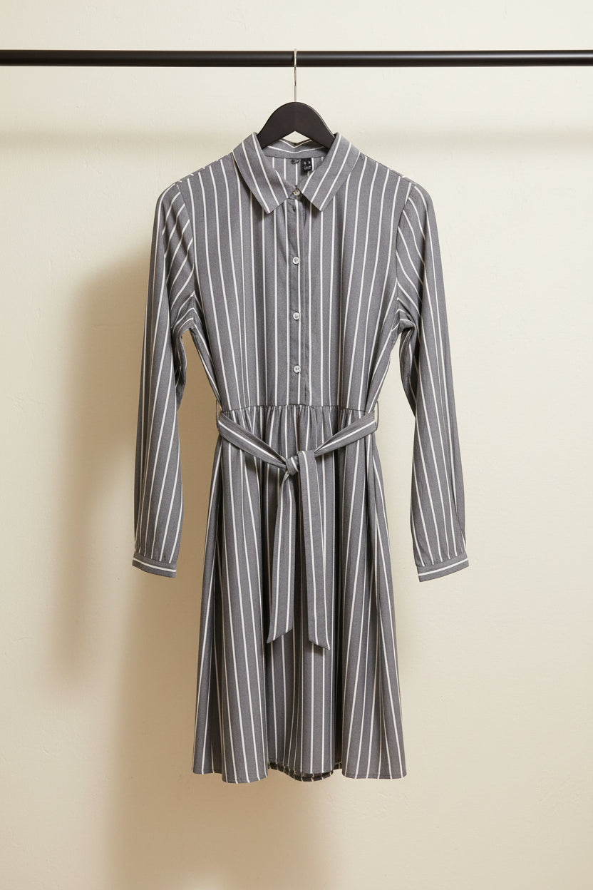 Women's Grey and White Striped Long Sleeve Shirt Dress with Belt