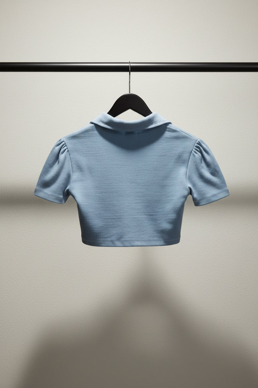 ATTIR HUB Women's Sky Blue Ribbed Collared Crop Top