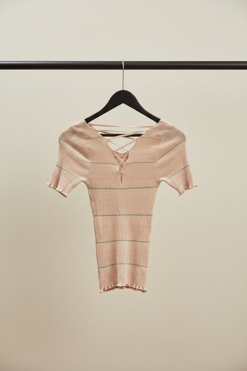 Women's Peach Ribbed Knit Criss-Cross Back Short Sleeve Top