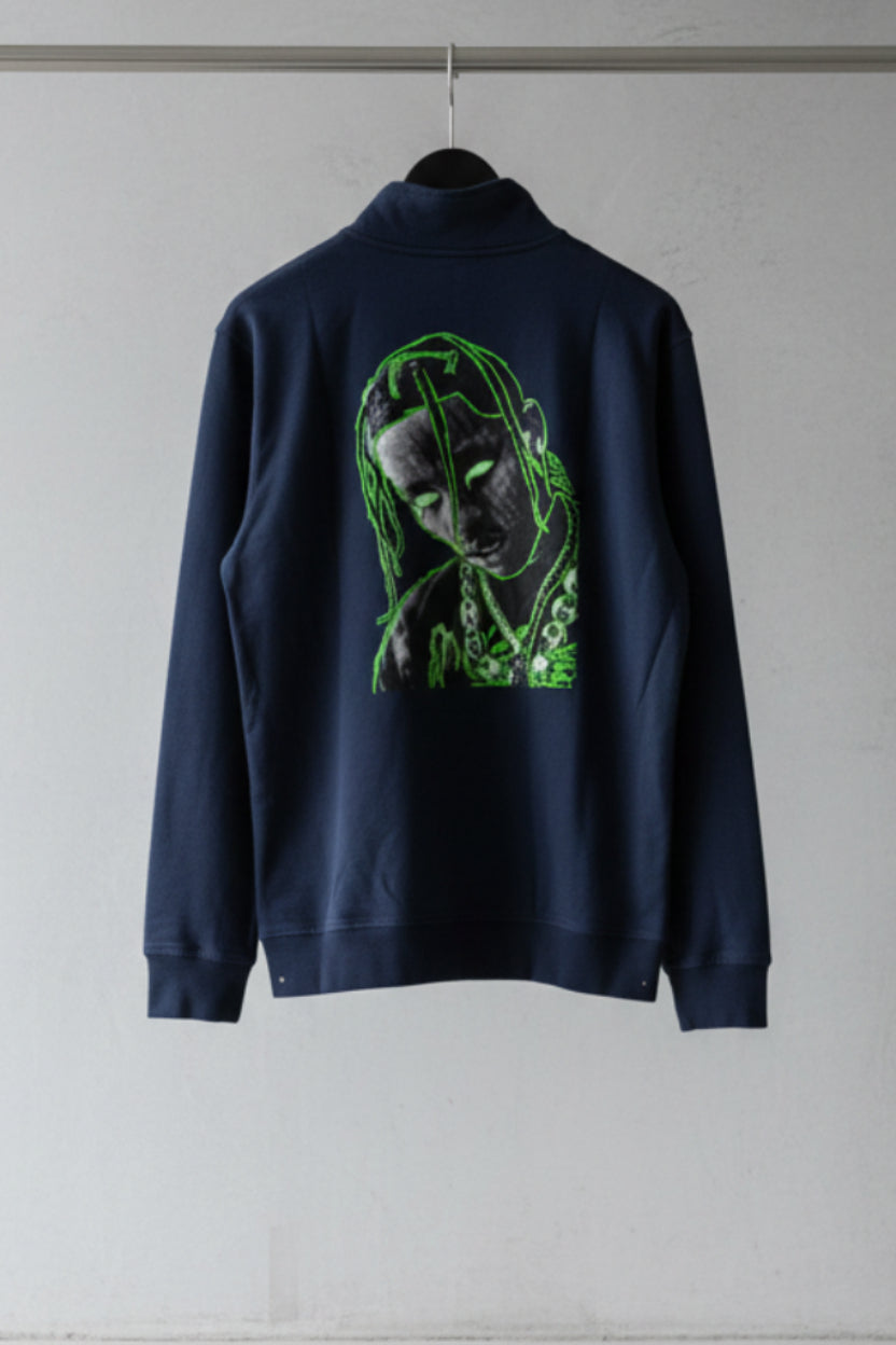 Navy Blue Quarter-Zip Sweatshirt with Graphic Print