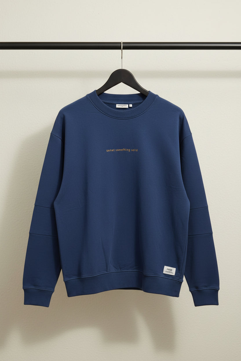 Solid Blue Crewneck Sweatshirt with Patchwork Sleeves