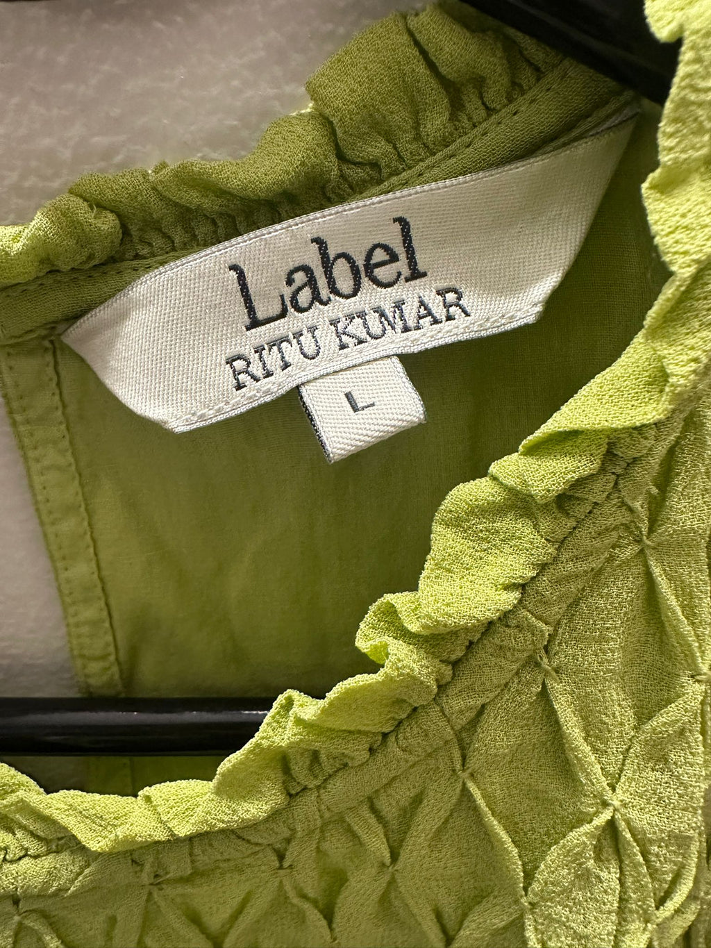 Label RITU KUMAR Lime Green Smocked Ruffle Neck 3/4 Sleeve Top