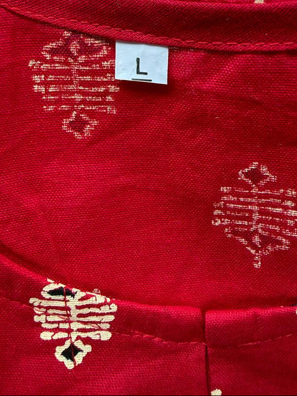 Red Printed Round Neck Long Sleeve Blouse