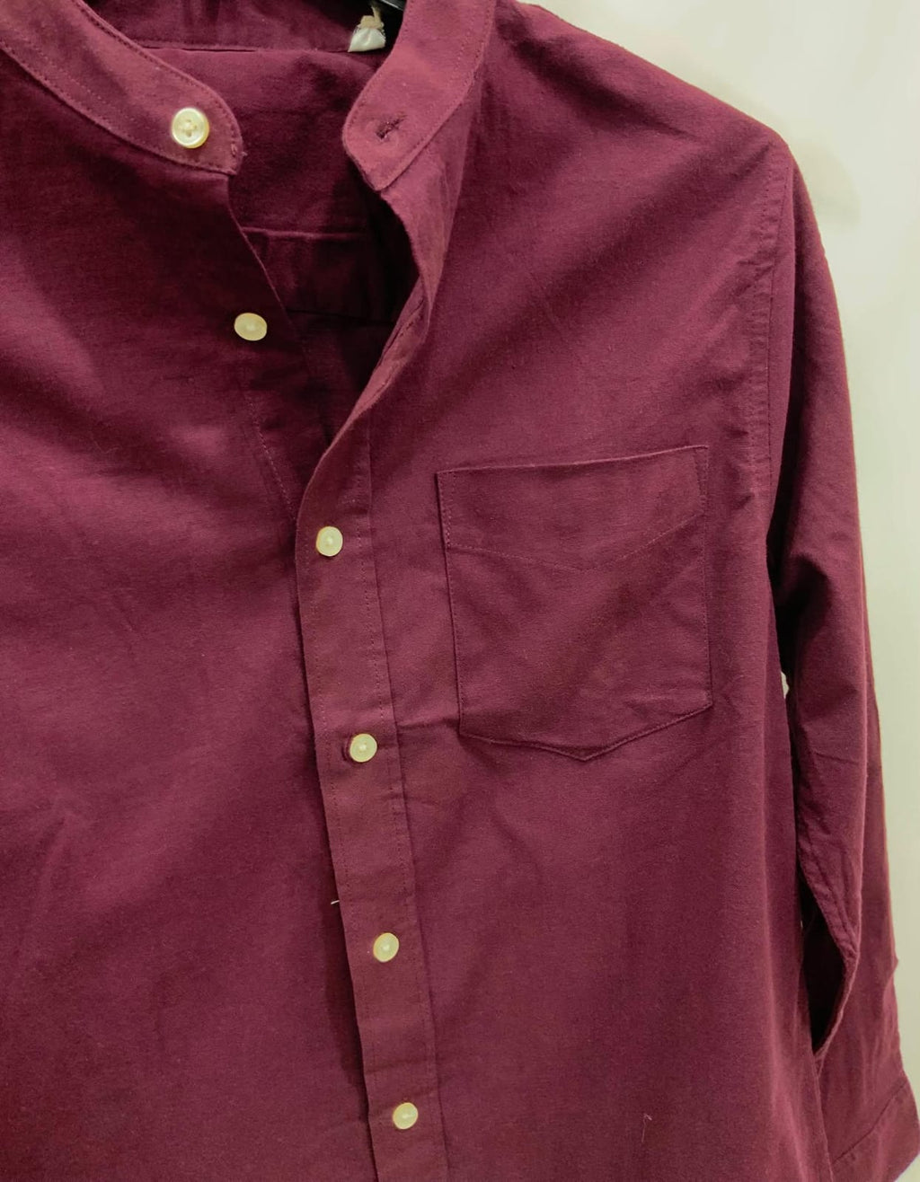 Men's Maroon Band Collar Long Sleeve Casual Shirt