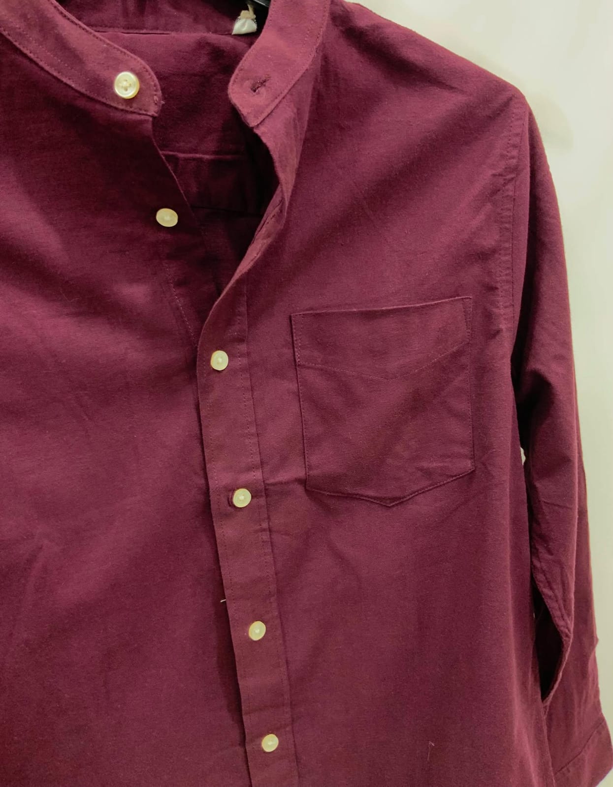 Men's Maroon Band Collar Long Sleeve Casual Shirt