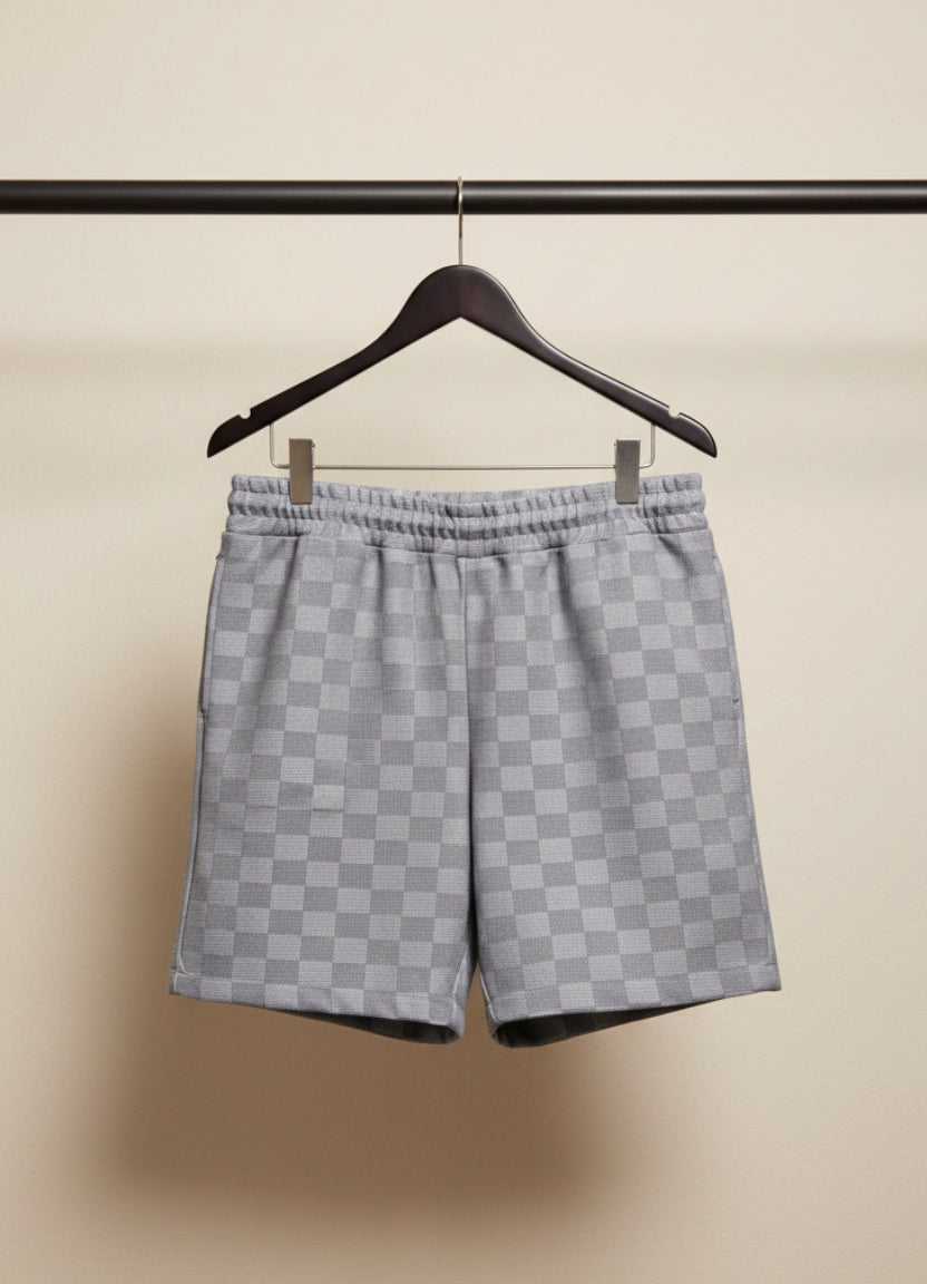 Grey Checkered Drawstring Shorts