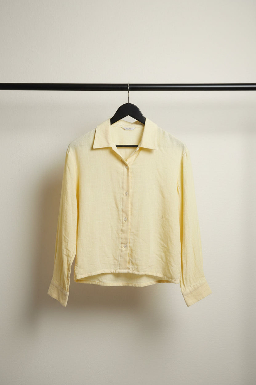Women's Light Yellow Linen Blend Collared Button-Up Shirt