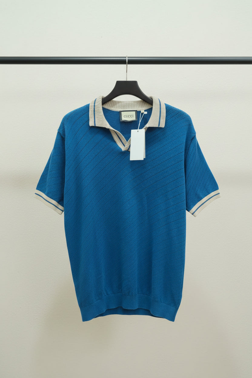 GUCCI Men's Blue Knit Polo Shirt with Beige Collar