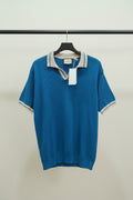 GUCCI Men's Blue Knit Polo Shirt with Beige Collar