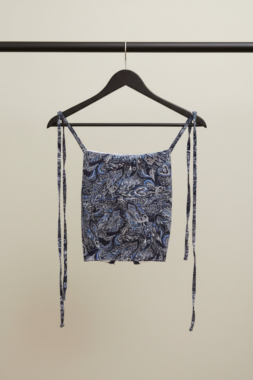 Women's Blue Paisley Print Tie-Strap Crop Top