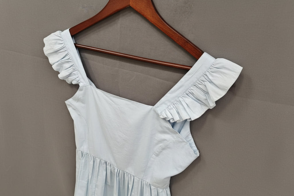 Light Blue Ruffled Strap Square Neck Mini Dress by CAT
