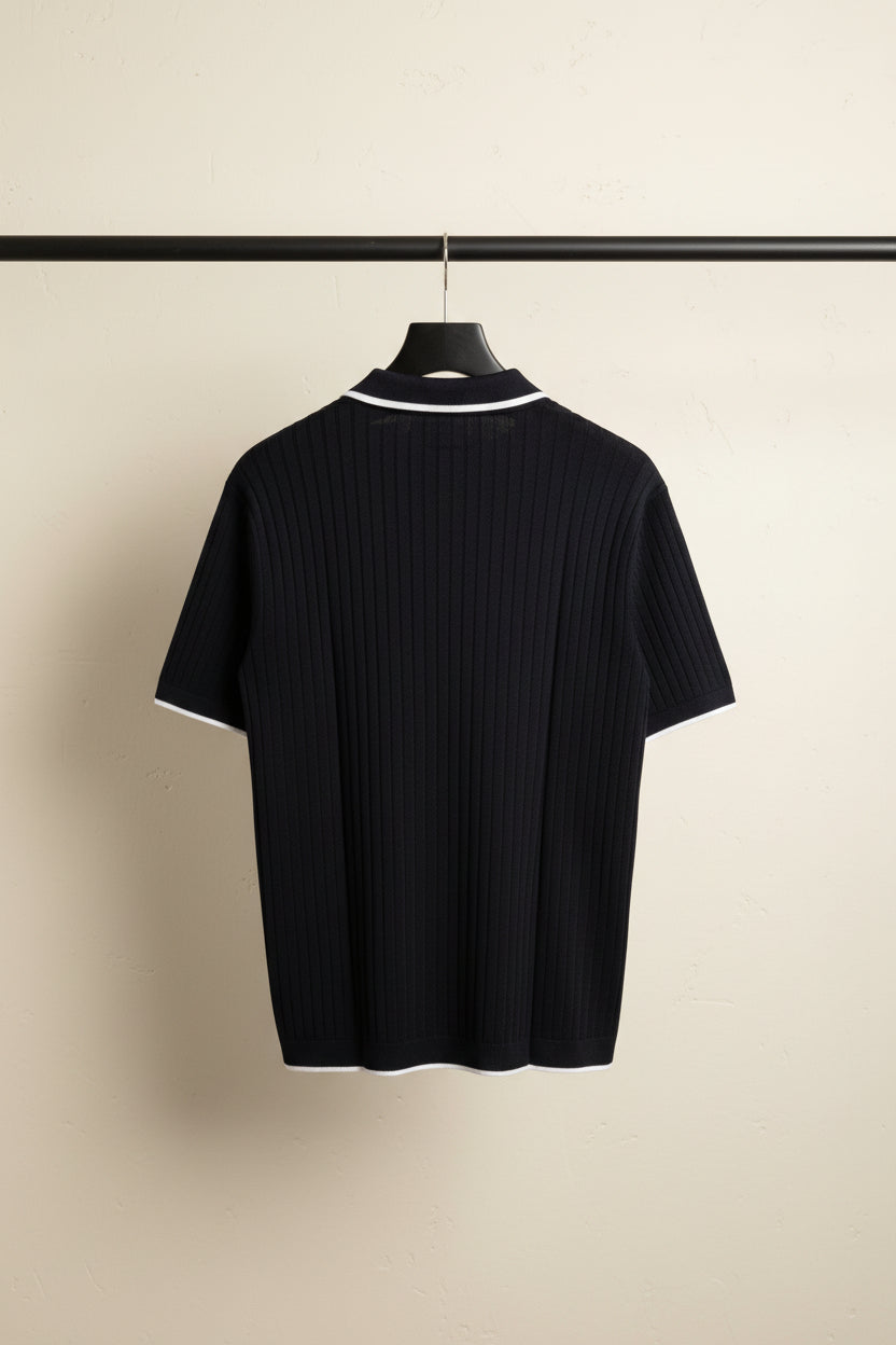 ZERA CLUB Men's Black Ribbed Knit Polo T-Shirt