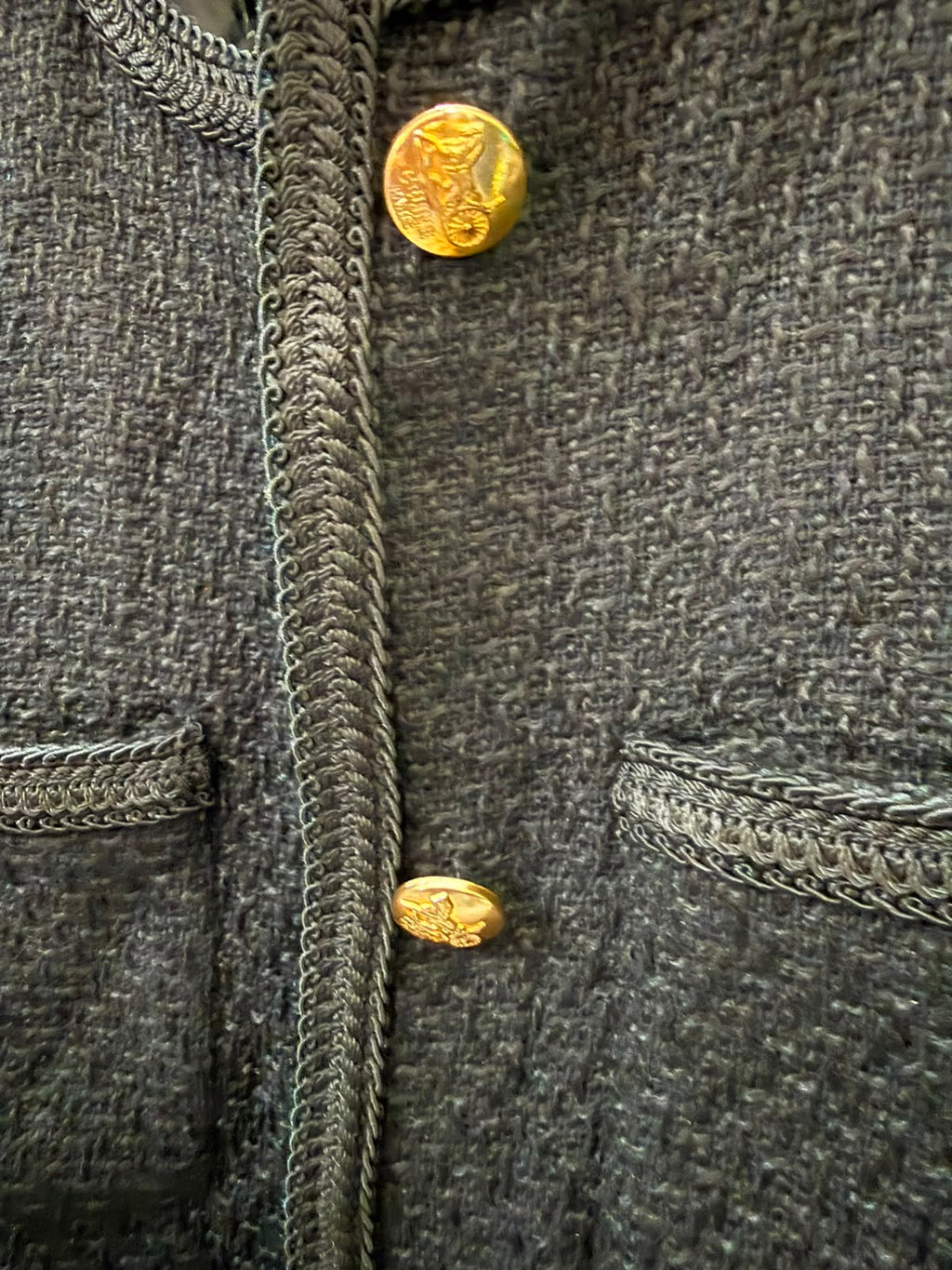 Black Tweed Jacket with Gold Buttons and Lace Trim