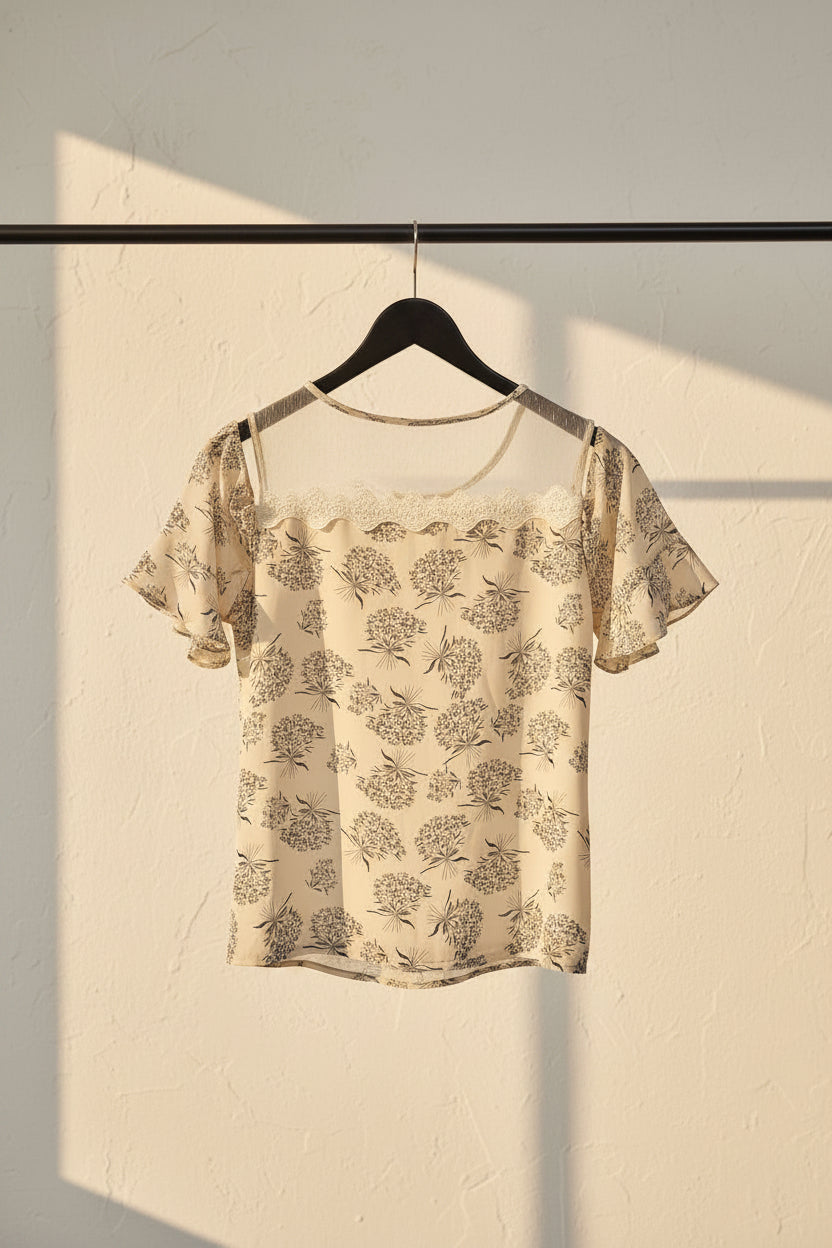 Zara Women's Beige Floral Print Cold Shoulder Top with Lace Detail