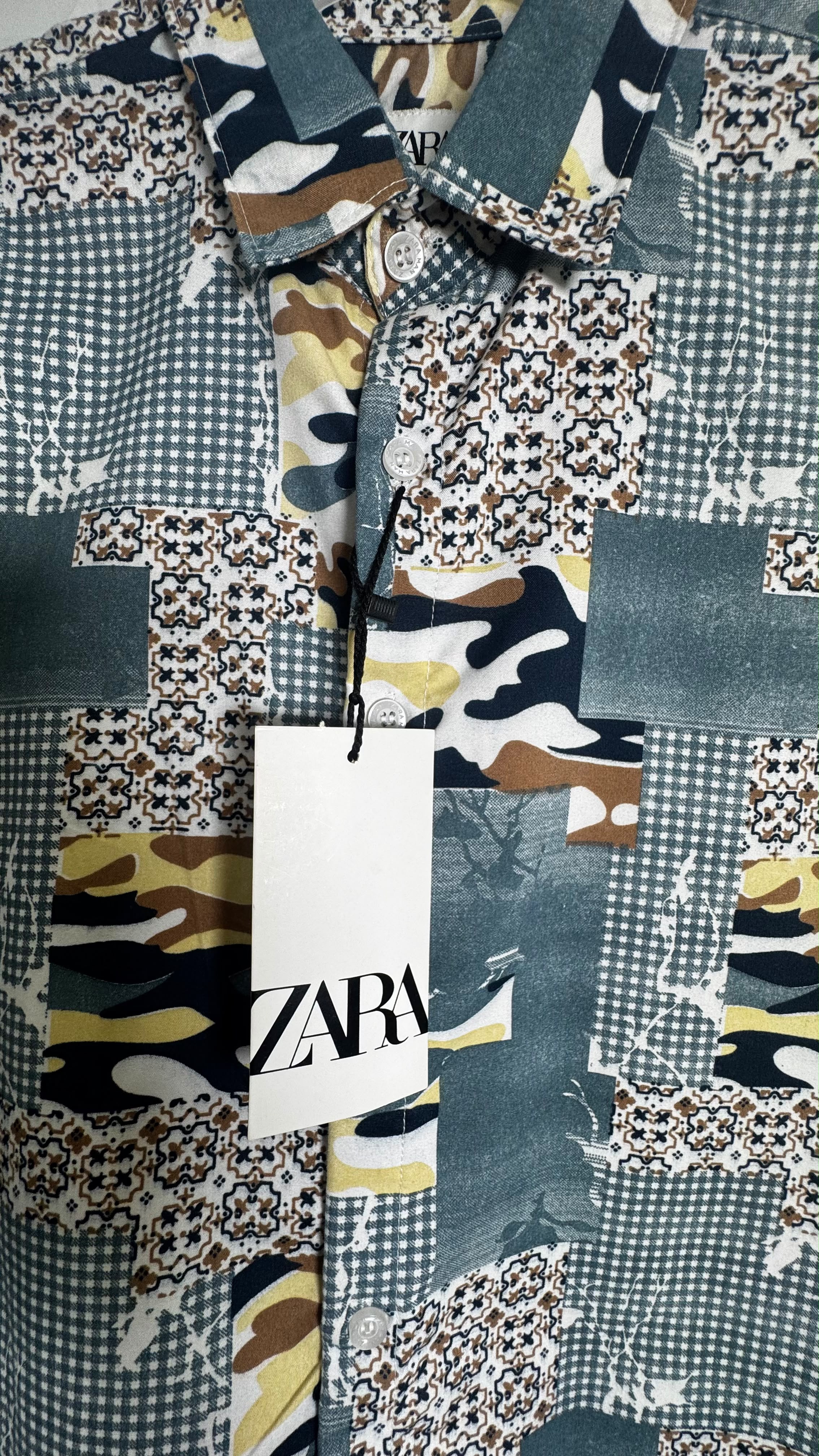 Zara Men's Multicolor Patchwork Camouflage Print Long Sleeve Casual Shirt