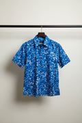 Bulan Bintang Men's Blue and White Patterned Relaxed Fit Short Sleeve Shirt
