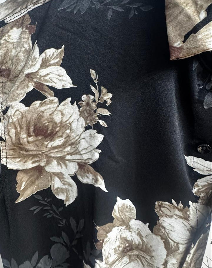 LOUIS COUTURE Men's Black Floral Printed Long Sleeve Casual Shirt