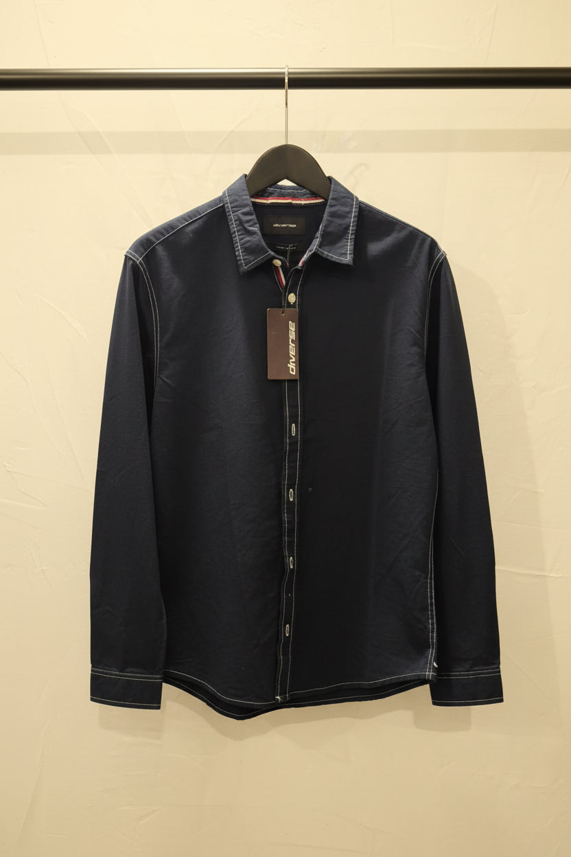 Diverse Men's Navy Blue Slim Fit Long Sleeve Shirt with Contrast Stitching