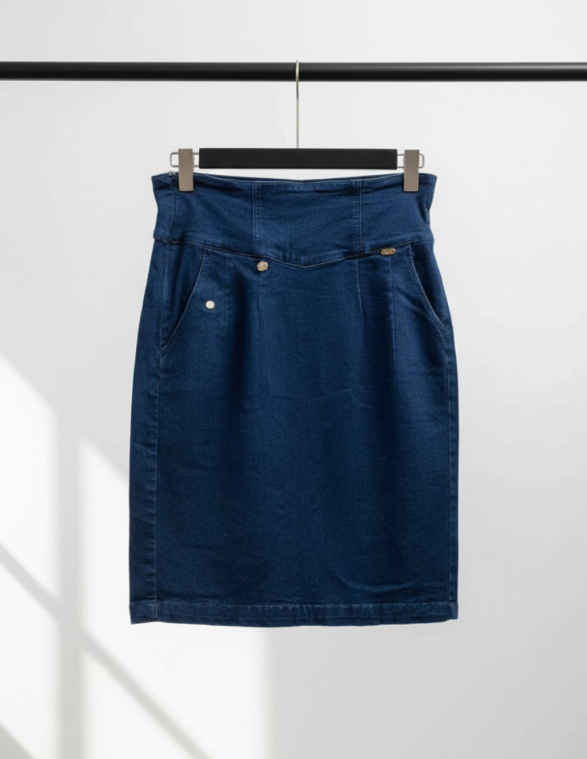 Women's Dark Blue High-Waisted Denim Midi Skirt