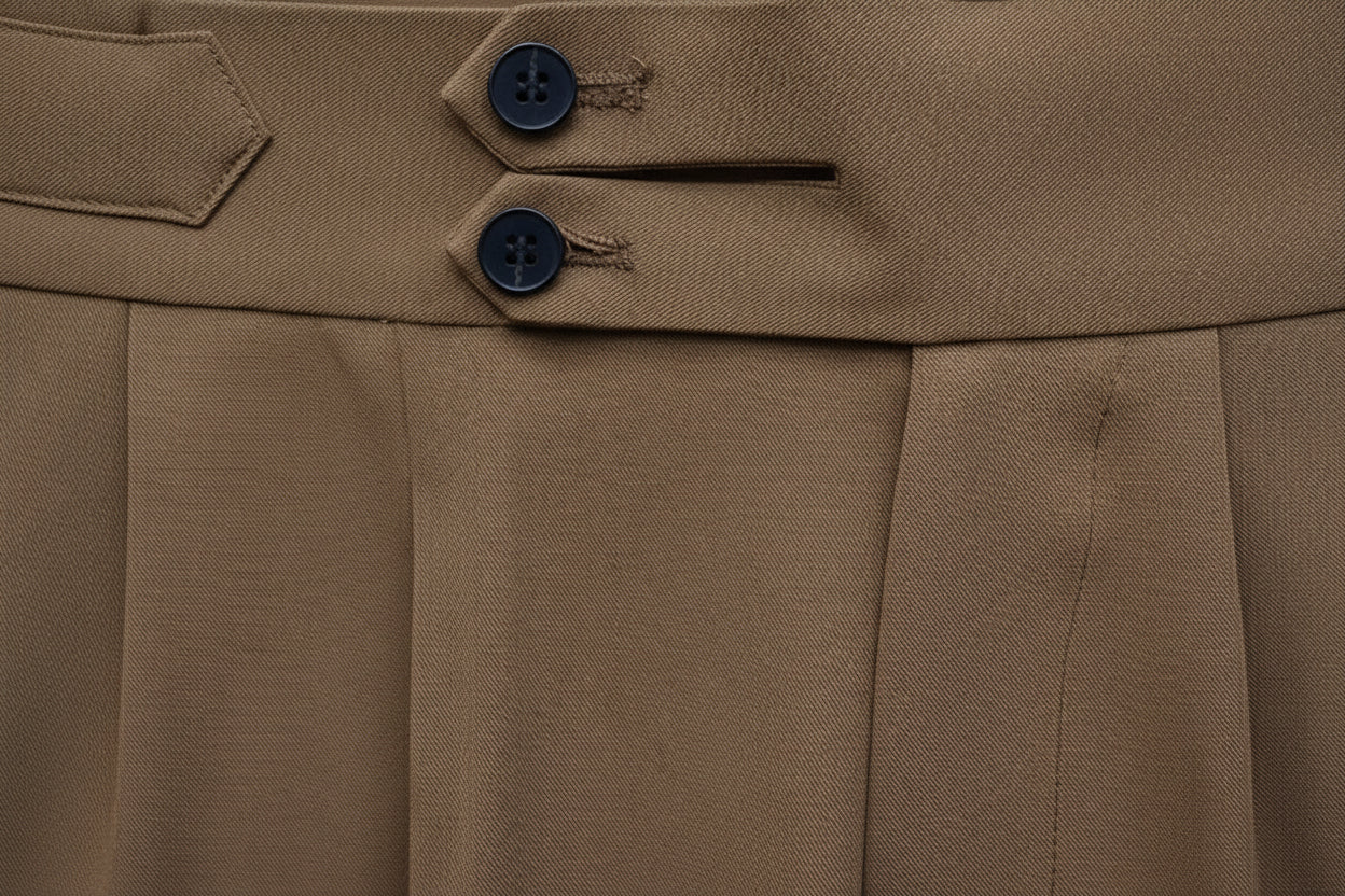 Men's J.J.un Tan Pleated Trousers with Side Adjusters