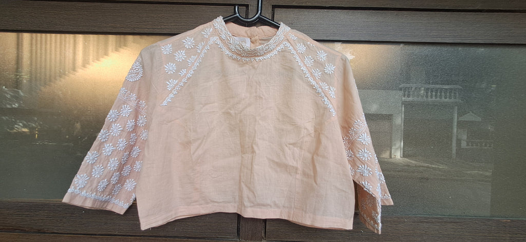 SEHER Women's Peach Embroidered High Neck 3/4 Sleeve Top
