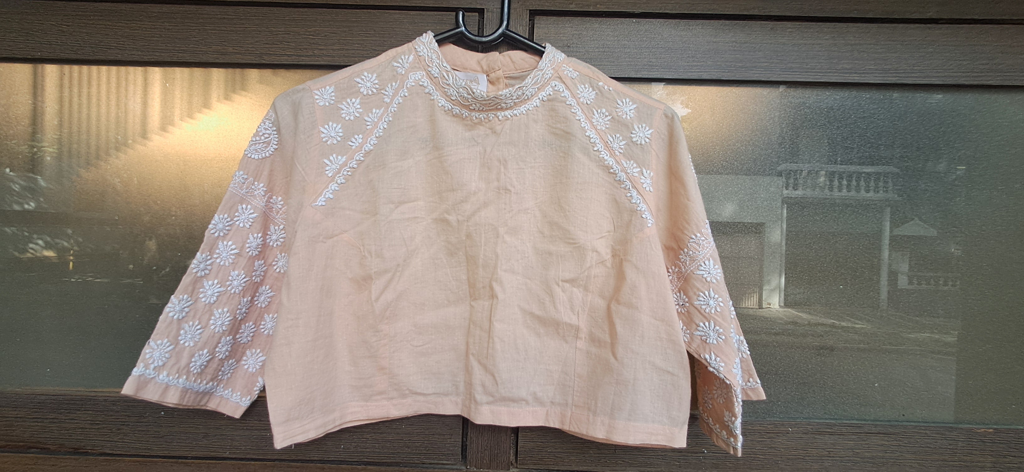SEHER Women's Peach Embroidered High Neck 3/4 Sleeve Top