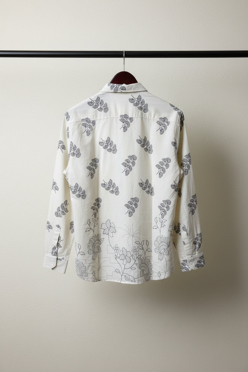 Men's Cream Printed Long Sleeve Casual Shirt