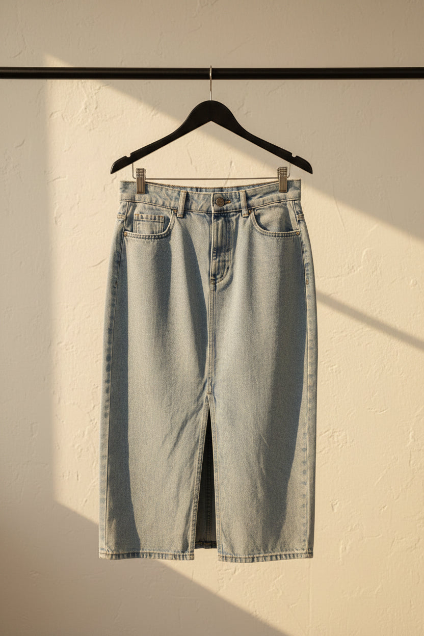 ONLY Women's Sky Blue Denim Midi Skirt with Front Slit