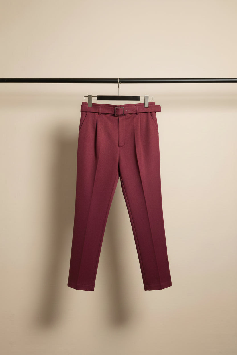 BlueWay Women's Maroon Pleated Tailored Trousers with Belt