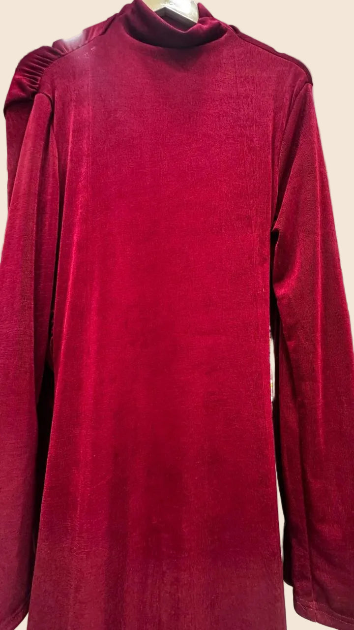 Red Velvet Ruched High-Neck Midi Dress