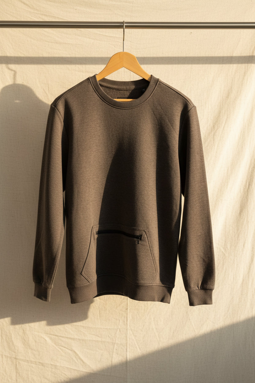 Men's Cotton&Silk Grey Crew Neck Sweatshirt with Zipper Pocket