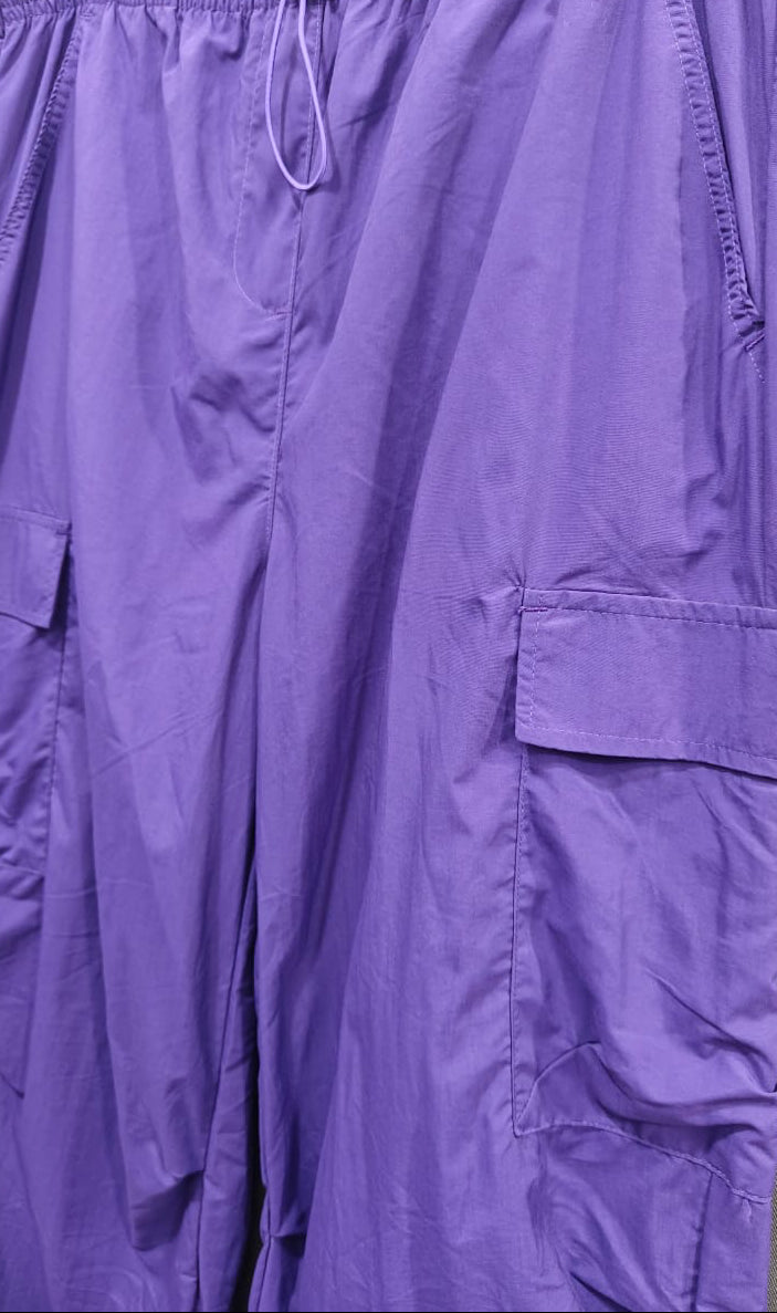 Purple Cargo Parachute Pants with Drawstring Waist