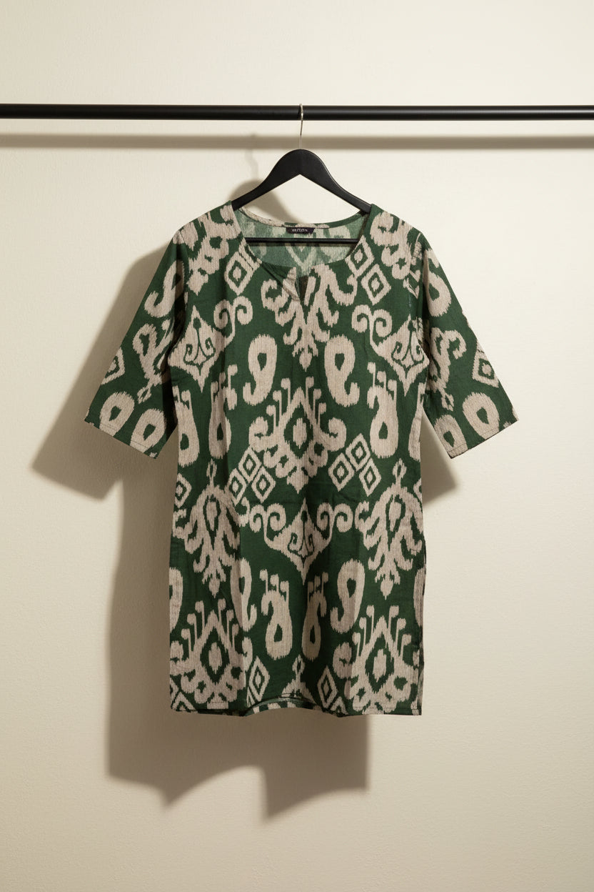 Green and Beige Ikat Print Kurta/Tunic for Women
