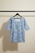 Women's Blue Printed Square Neck 3/4 Sleeve Top