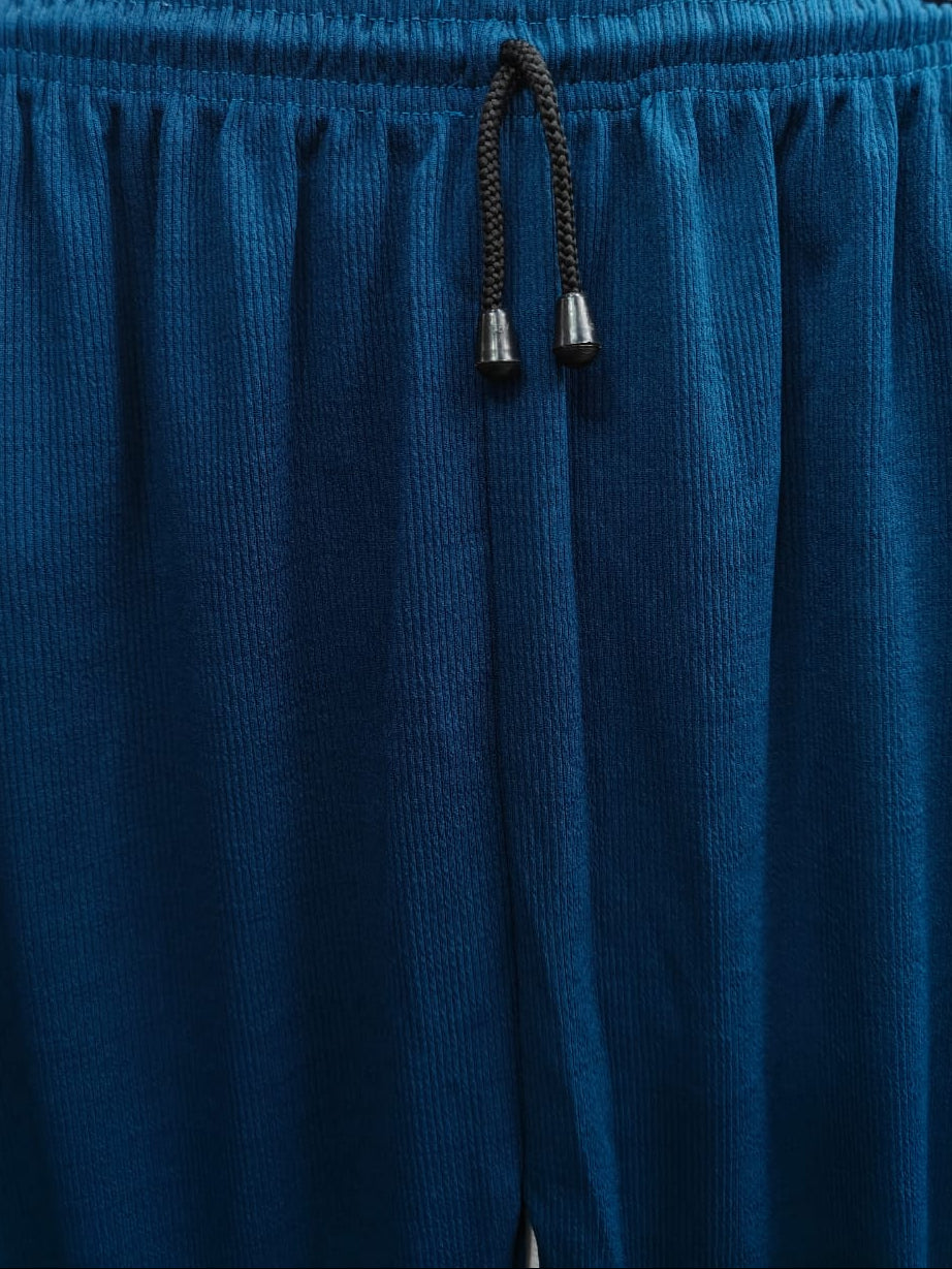 Women's Teal Blue Ribbed Drawstring Wide Leg Trousers
