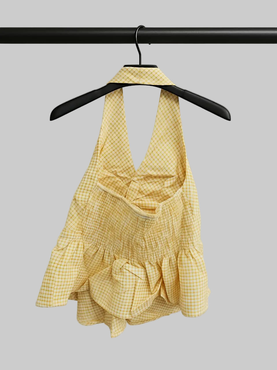 Yellow Gingham Halter Neck Peplum Top