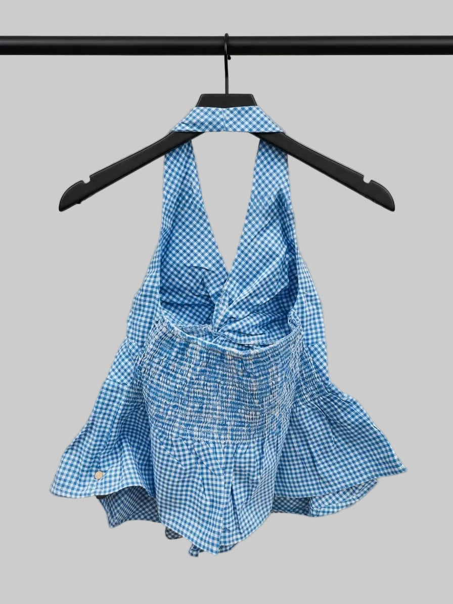 H&M Blue Gingham Halter Neck Smocked Top
